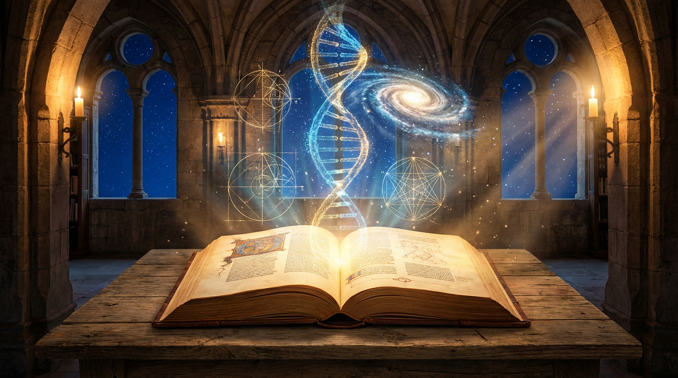 Illuminated manuscript with scientific holograms